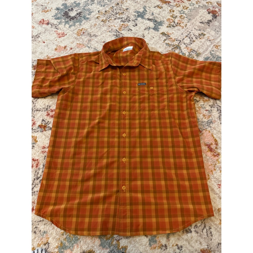 Columbia Mens Orange Plaid Short Sleeve Button Down Stretch Shirt Outdoor Size M